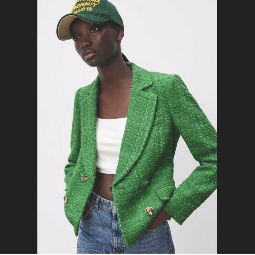 Zara Green Tweed Blazer with Gold Buttons